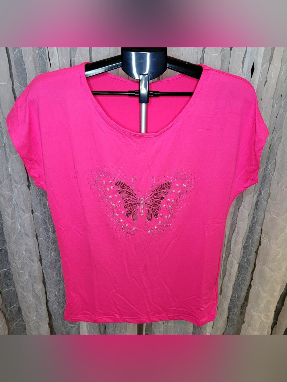 Buzz Hot Pink Butterfly Rhinestone Pearl Graphic Tee Shirt Soft Stretchy L